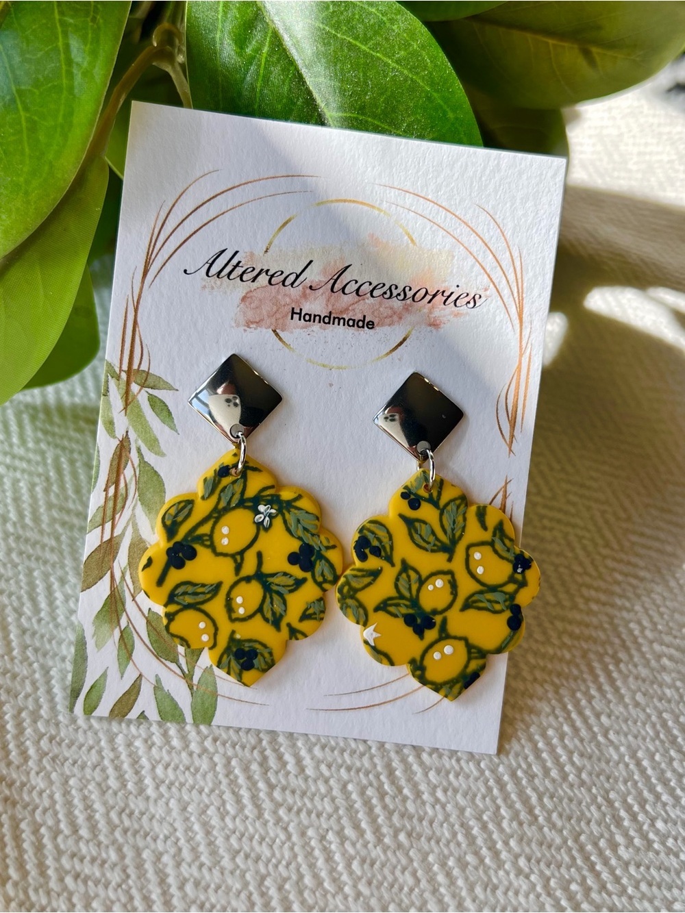 Hand Painted Yellow Lemon Pattern Dangle Earrings - Picture 2 of 2